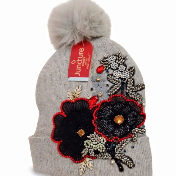 Cozy Grey & Black Floral Embellished Crystal Rhinestone Junk Pom-pom Beanie Hat - Picture 5 of 5